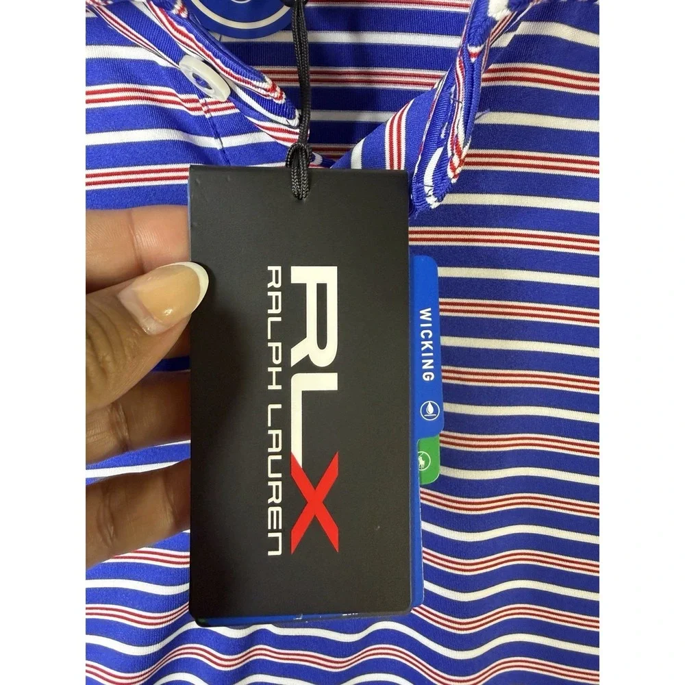 NWT RLX Ralph Lauren Golf Polo Shirt Men Large Blue Red Striped Stretch